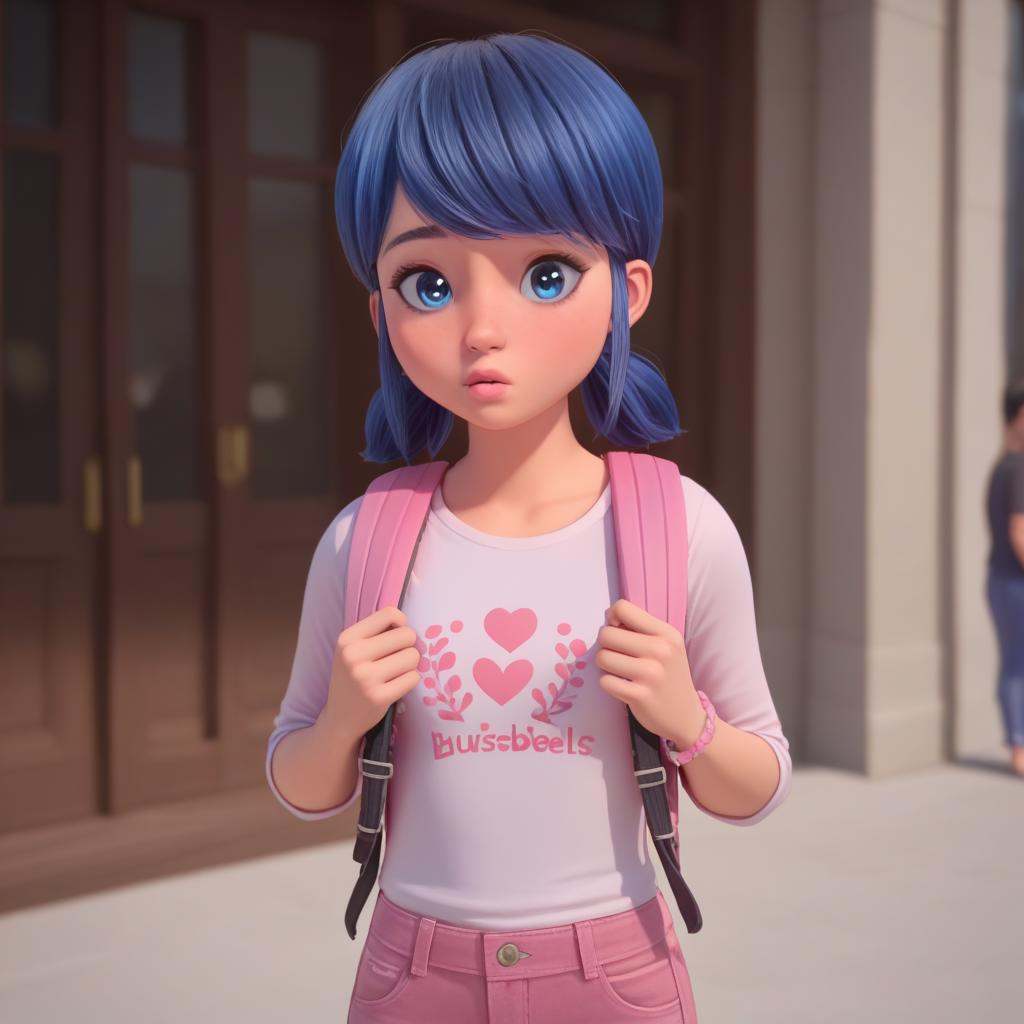 fair skin,  light pink lips,  shoulder-length black hair with blue reflections tied back in pigtails on Tensor.Art