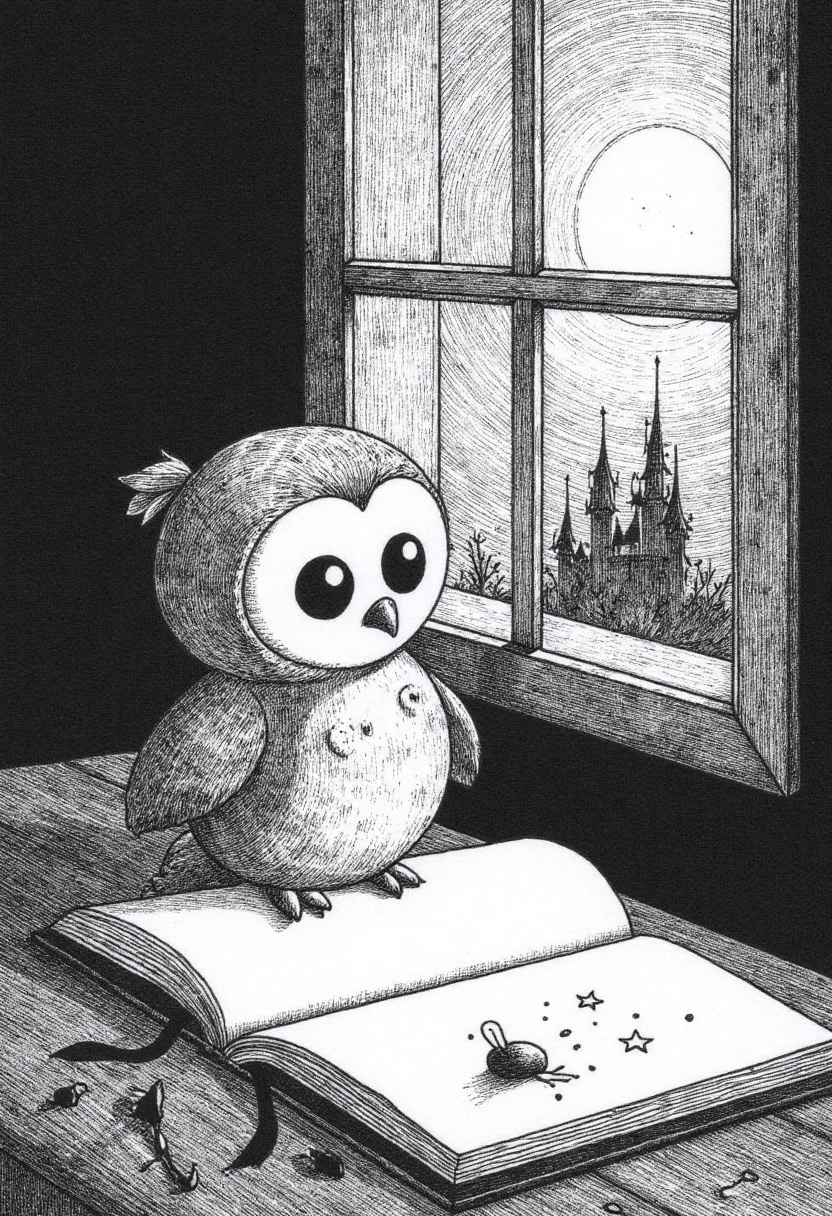 d4rk_sketch of a baby owl perched on a storybook,  wings folded,  head tilted with wide eyes on Tensor.Art