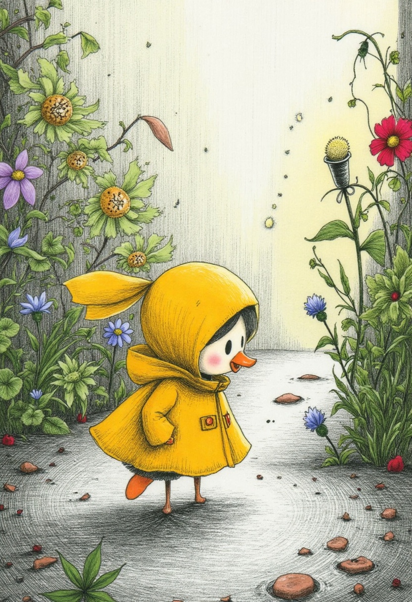 d4rk_sketch of a tiny duckling wearing a raincoat,  waddling through puddles in a garden,  water splashing lightly on Tens...