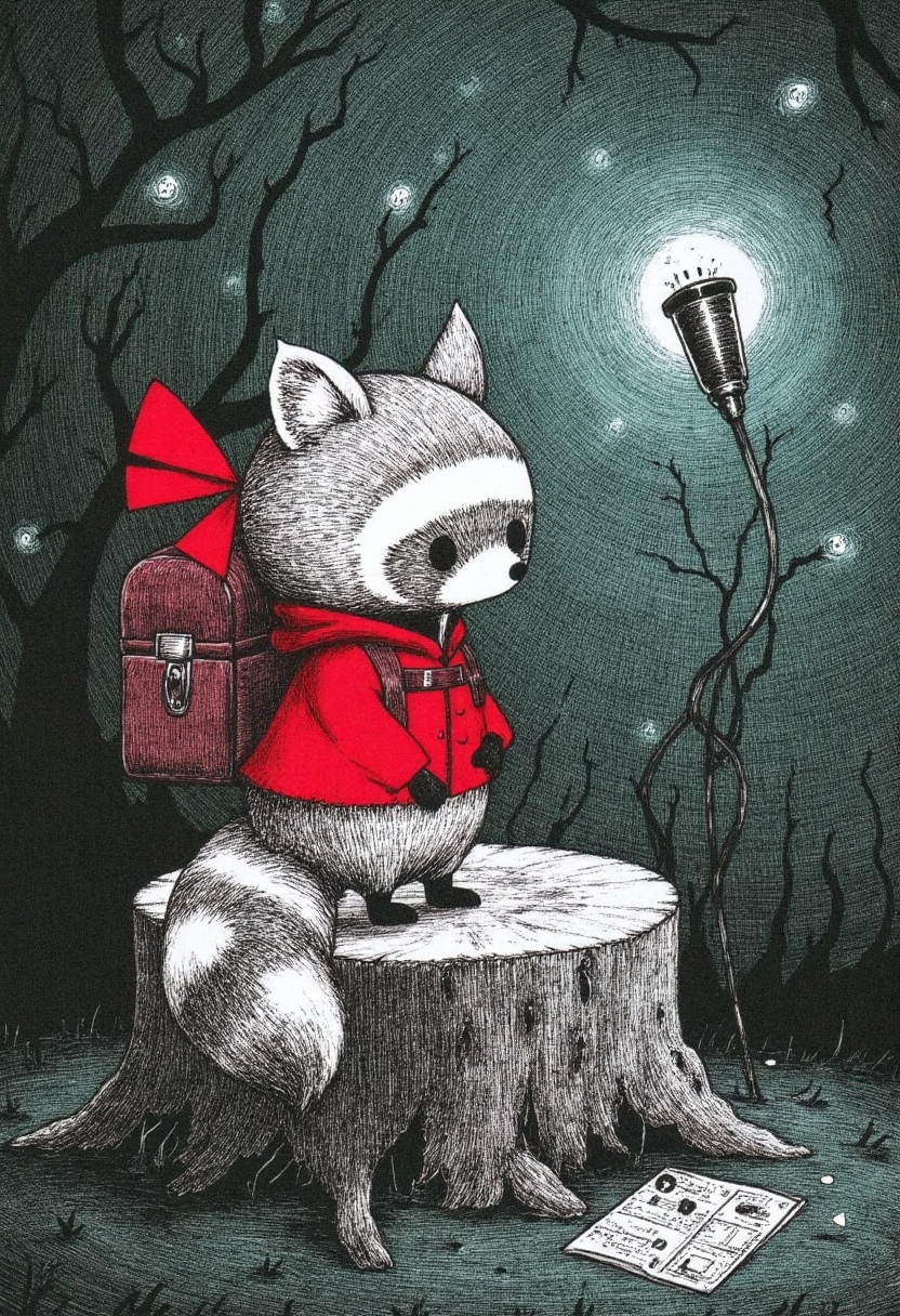 d4rk_sketch of a little raccoon wearing a tiny backpack,  standing on a tree stump with a map in paw,  looking around curi...