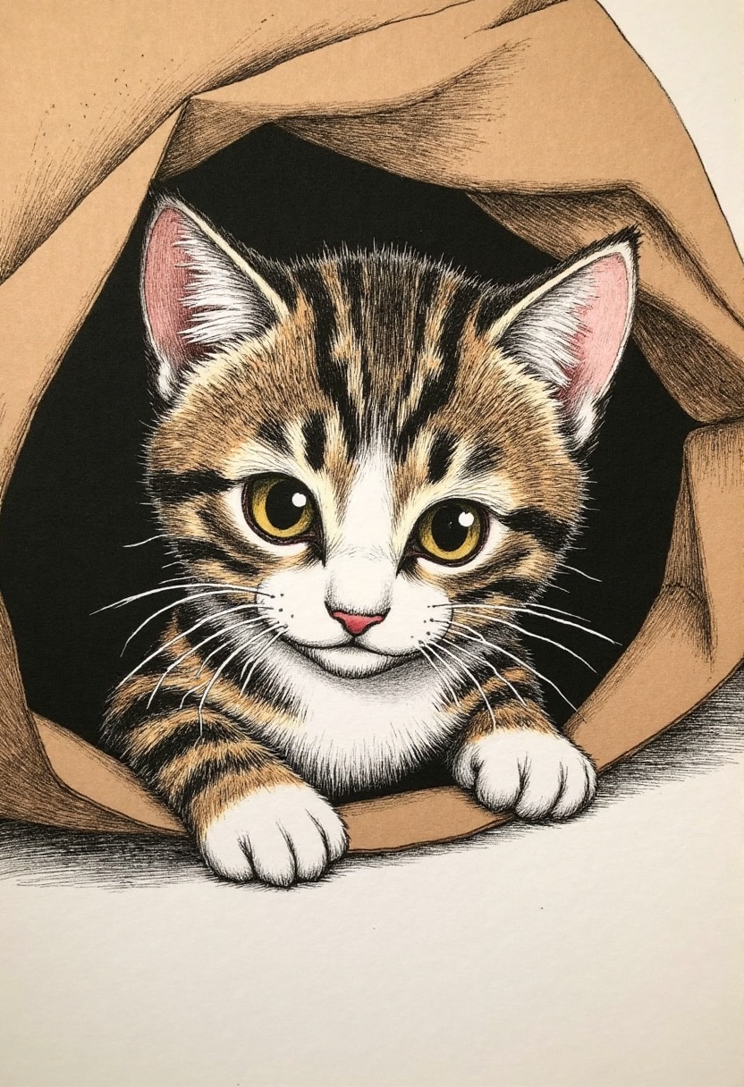 d4rk_sketch of a kitten peeking out from inside a paper bag,  ears perked,  one paw reaching forward on Tensor.Art