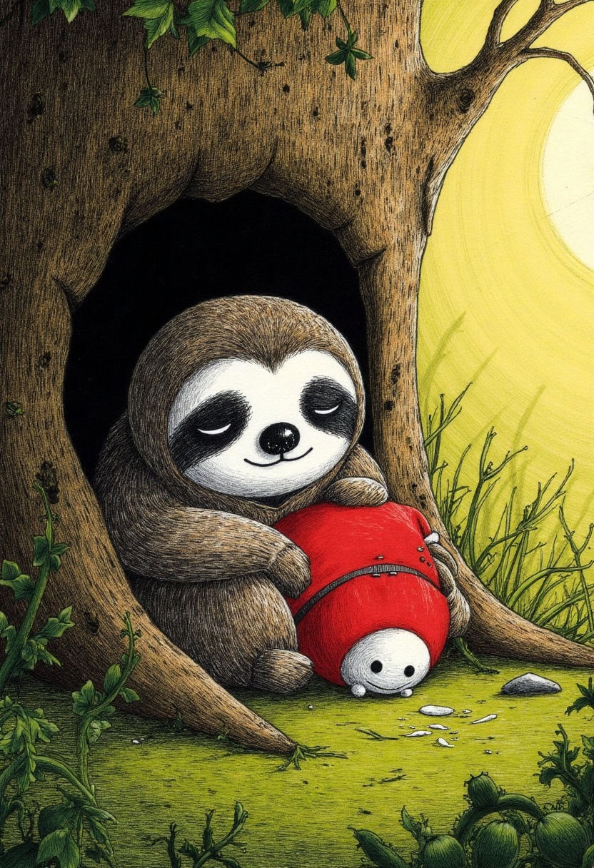 d4rk_sketch of a baby sloth clinging to a plush toy in a tree hollow,  eyes half-closed in sleepy comfort,  soft moss and...