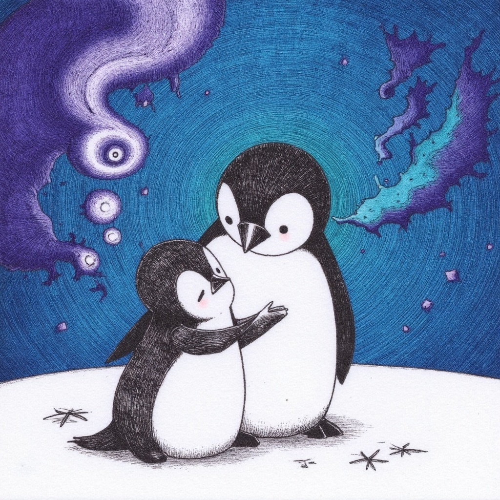 d4rk_sketch of a baby penguin hugging another baby penguin under a sky full of auroras,  tiny wings wrapped around each ot...