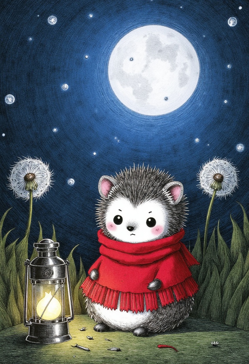 d4rk_sketch of a tiny hedgehog wrapped in a knitted scarf,  sitting beside a miniature lantern in a moonlit garden,  glowi...