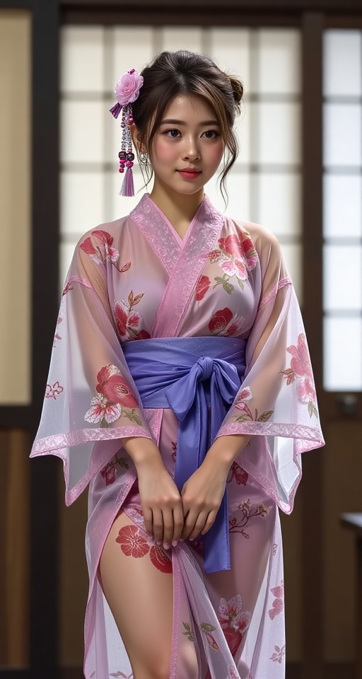 1girl solo black hair hair ornament japanese clothes indoors kimono sash obi thighs above realistic see-through,  ann on T...