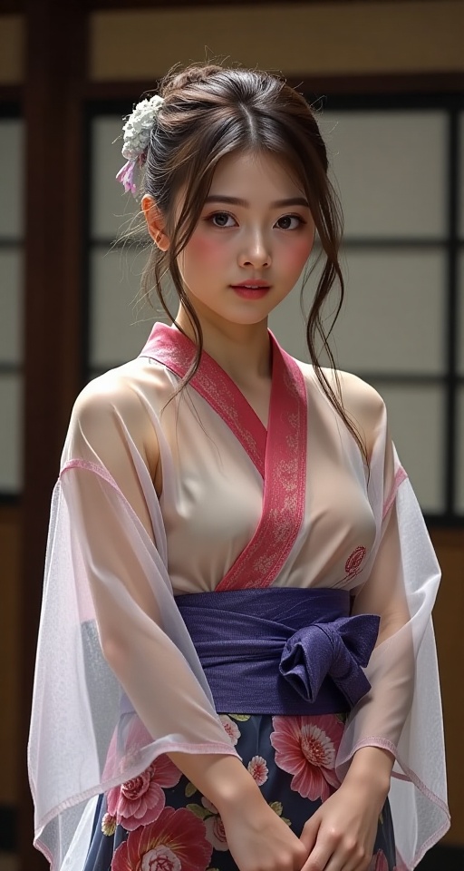 1girl solo black hair japanese clothes kimono sash obi realistic see-through see-through,  ann on Tensor.Art