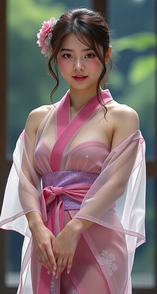 1girl solo black hair japanese clothes kimono sash obi realistic chiffon see-through,  ann on Tensor.Art