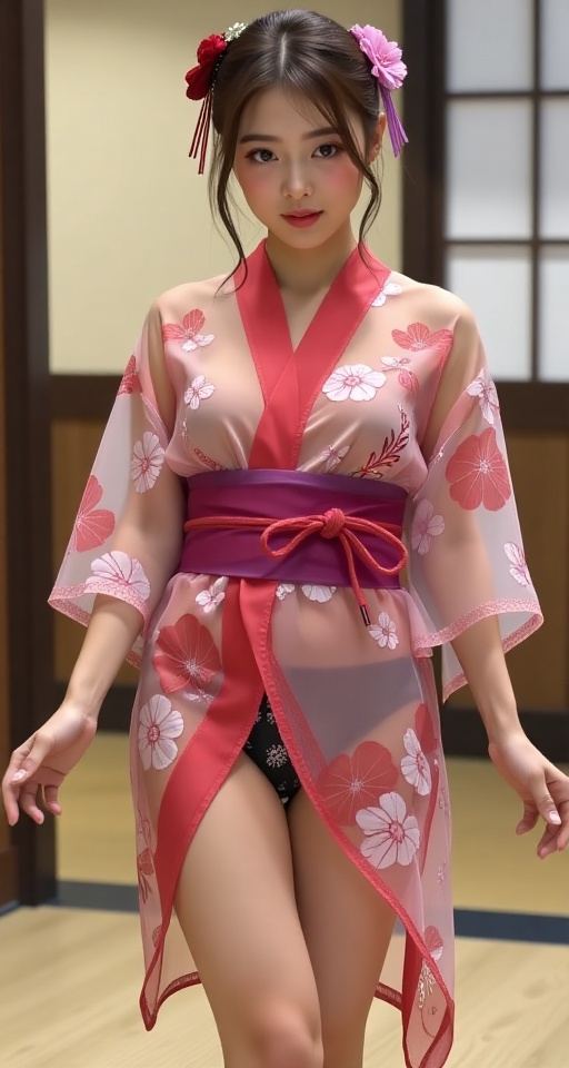 1girl solo black hair hair ornament japanese clothes indoors kimono sash obi thighs above no panties realistic see-through...