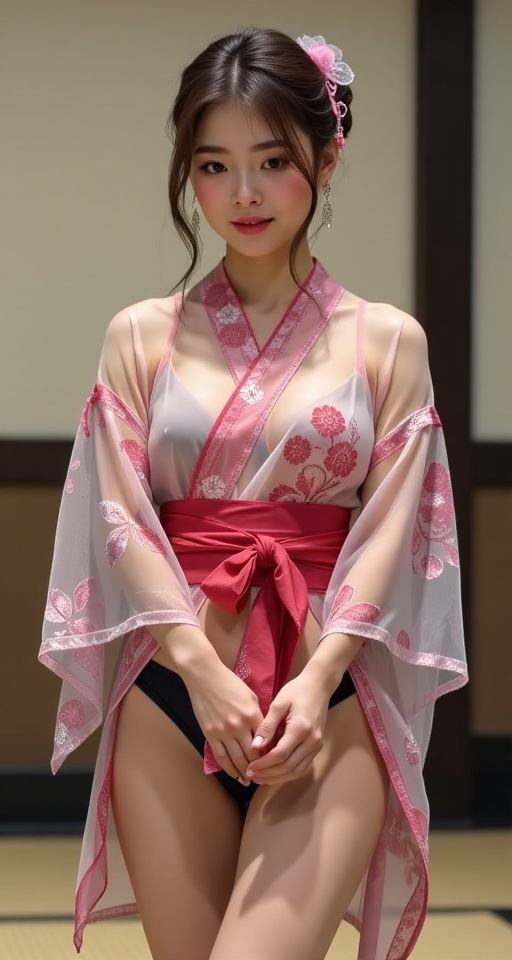 1girl solo black hair hair ornament japanese clothes indoors kimono sash obi thighs above no underwear fermale hair realis...