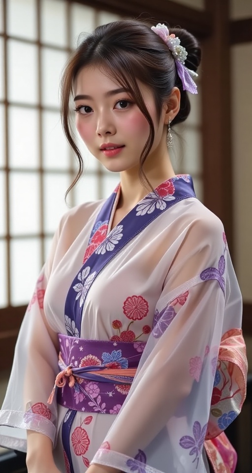 1girl solo black hair hair ornament japanese clothes indoors kimono sash obi realistic see-through,  ann on Tensor.Art
