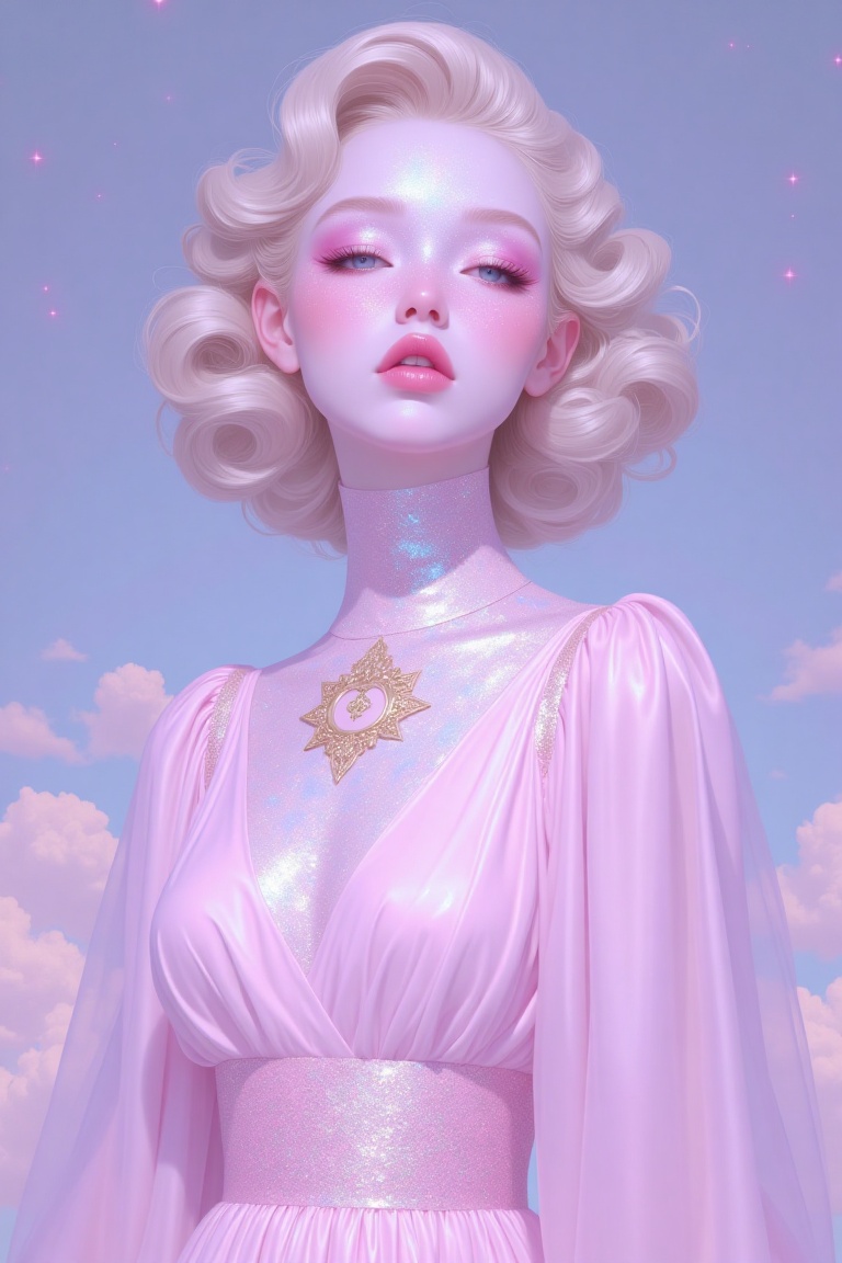 Ethereal princess with pale skin,  soft pink makeup,  and glossy lips on Tensor.Art