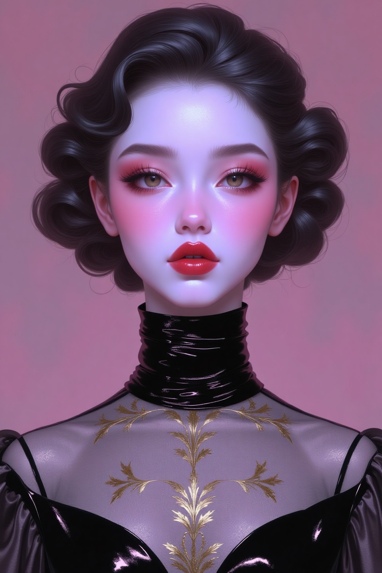 Ethereal princess with pale skin,  soft pink makeup,  and dreamy high-detail realistic lighting. Art Nouveau style niji on...
