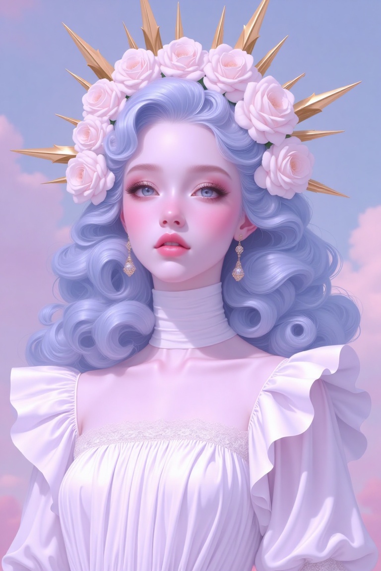 Ethereal princess with pale skin,  soft pink makeup,  and dreamy high-detail realistic lighting. Art Nouveau style niji on...
