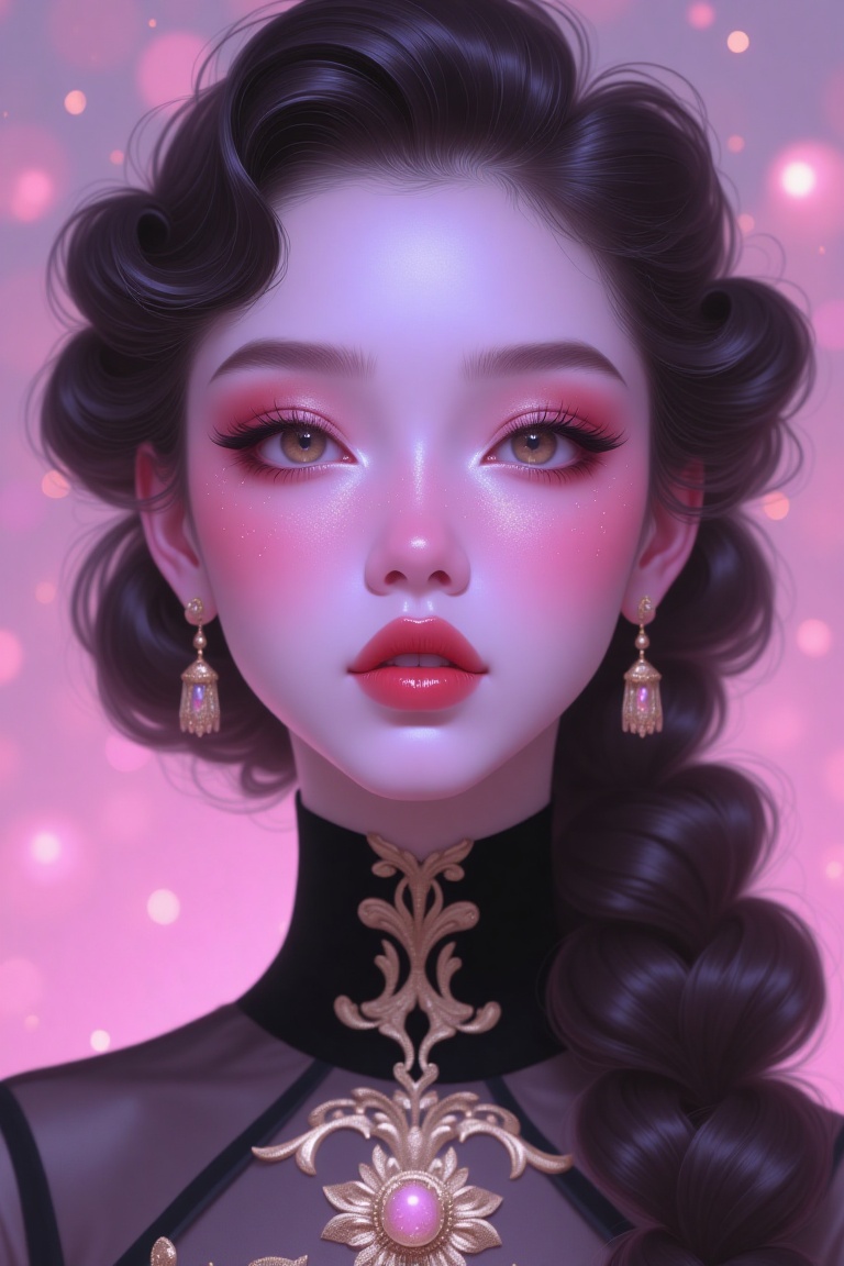 Ethereal princess with pale skin,  soft pink makeup,  and dreamy high-detail realistic lighting. Art Nouveau style niji on...