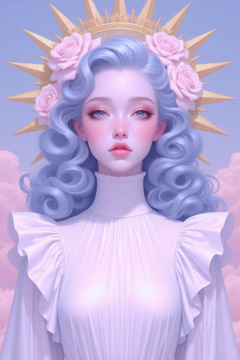 Ethereal princess with pale skin,  soft pink makeup,  and dreamy high-detail realistic lighting. Art Nouveau style niji on...