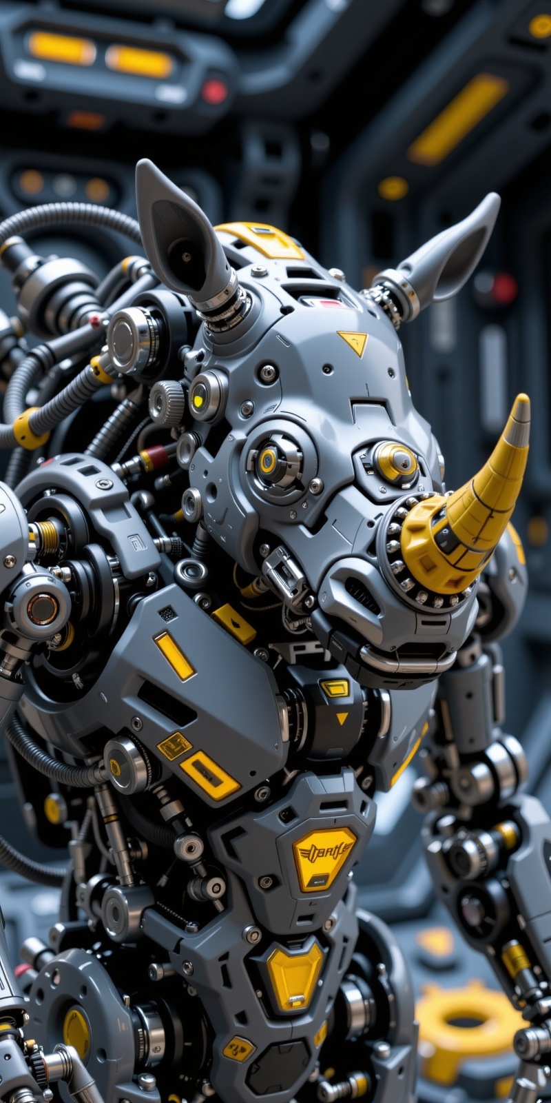 Close-up zoom of a highly detailed and futuristic rhinoceros beetle robotic figure in grey with black and chrome accents....
