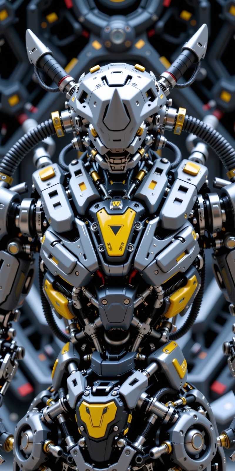 Close-up zoom of a highly detailed and futuristic rhinoceros beetle robotic figure in grey with black and chrome accents....