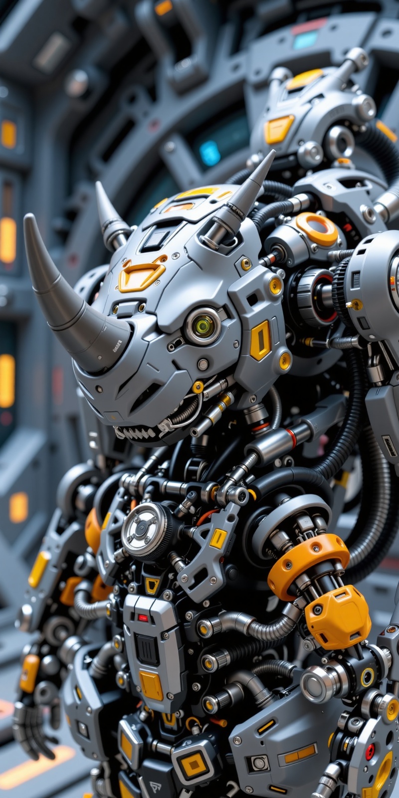 Close-up zoom of a highly detailed and futuristic rhinoceros beetle robotic figure in grey with black and chrome accents,...