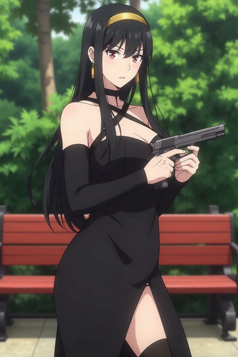 Yor Forger,  spy x family standing in a garden,  ((holding a pistol with two hands)) on Tensor.Art