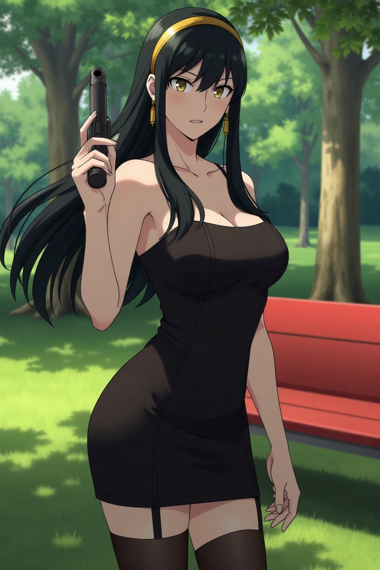 Yor Forger,  spy x family standing in a garden,  ((holding a pistol with two hands)) on Tensor.Art