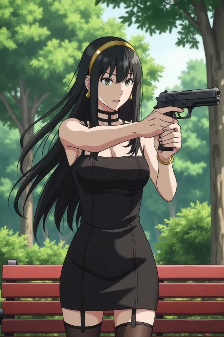 Yor Forger,  spy x family standing in a garden,  holding gun on Tensor.Art