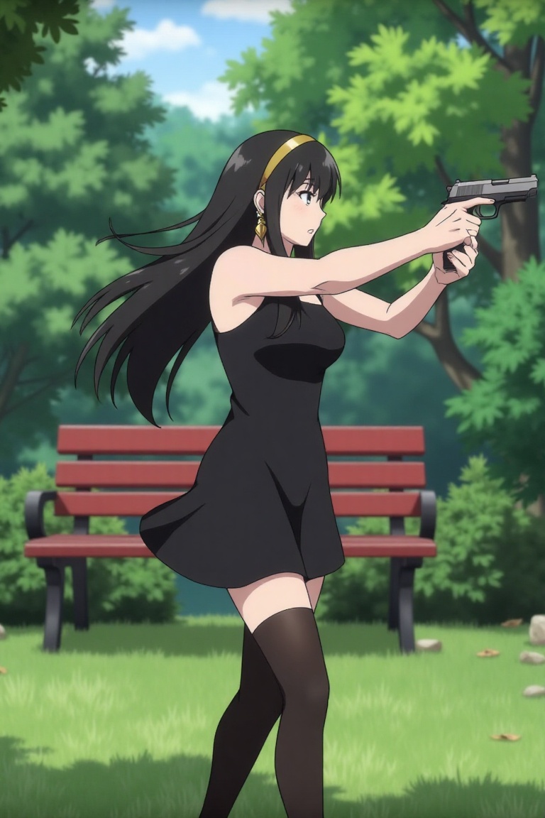 Yor Forger,  spy x family standing in a garden,  holding gun on Tensor.Art