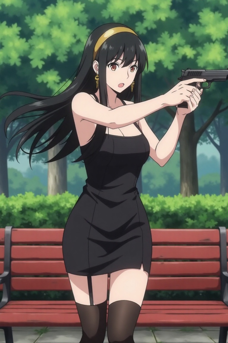 Yor Forger,  spy x family standing in a garden,  holding gun on Tensor.Art