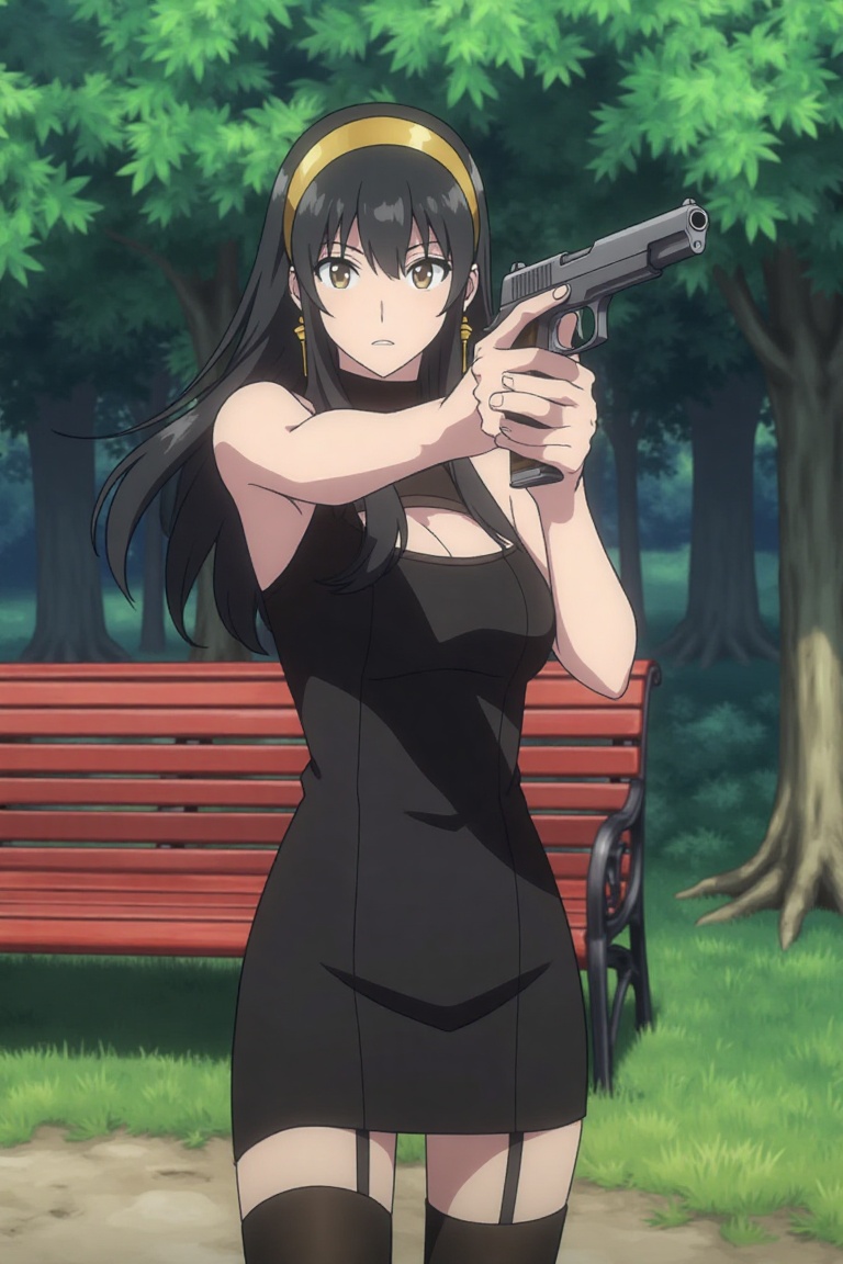 Yor Forger,  spy x family standing in a garden,  holding gun on Tensor.Art