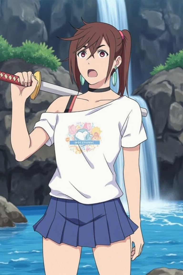 ayase momo standing in a cave,  holding sword,  one-handed grip on Tensor.Art