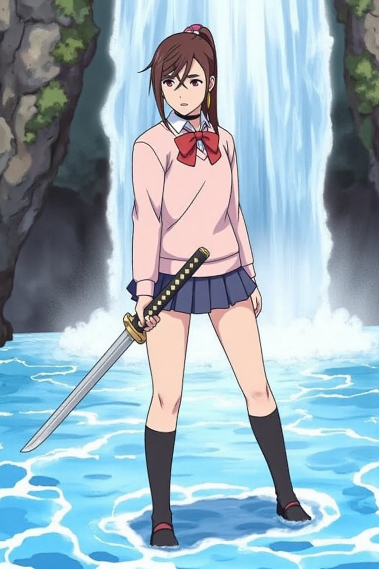 ayase momo standing in water flowing cave,  flowing crystal blue water stream,  waterfall on Tensor.Art