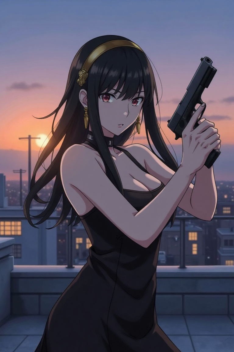 Close up of Yor Forger,  spy x family standing on a rooftop,  holding gun on Tensor.Art