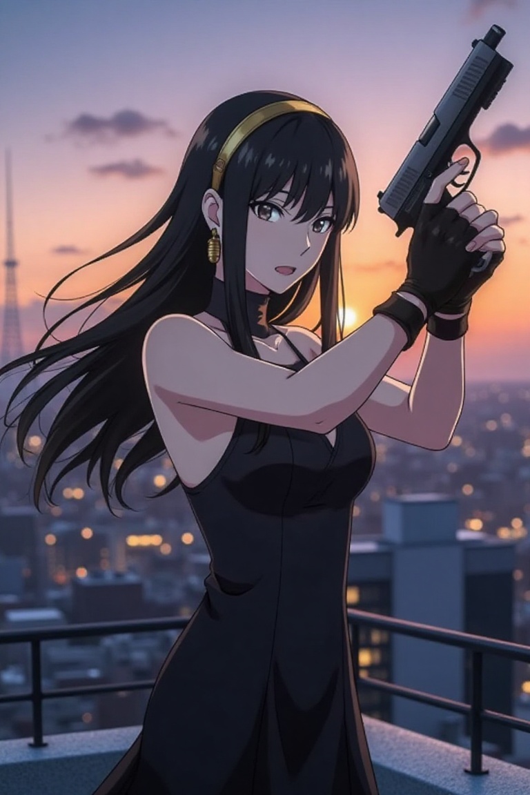 Close up of Yor Forger,  spy x family standing on a rooftop,  holding gun on Tensor.Art