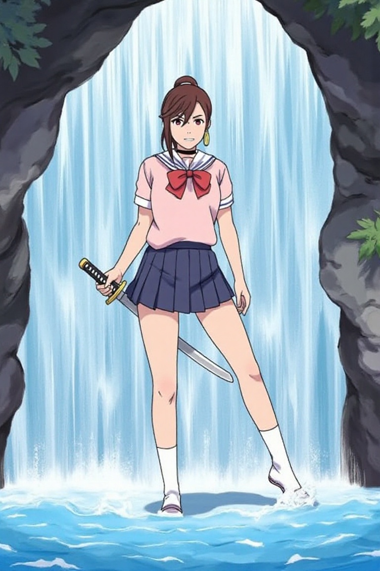ayase momo standing in water flowing cave,  flowing crystal blue water stream,  waterfall on Tensor.Art