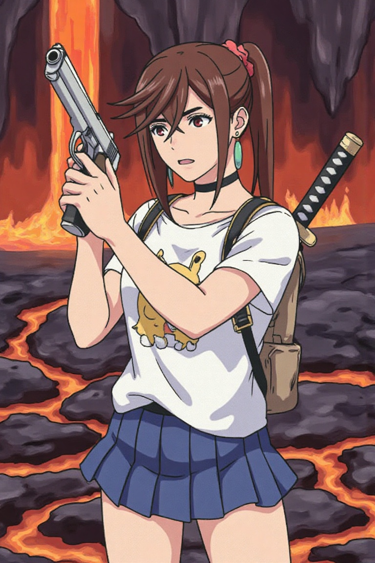ayase momo standing in lava cave,  flowing lava,  holding gun on Tensor.Art