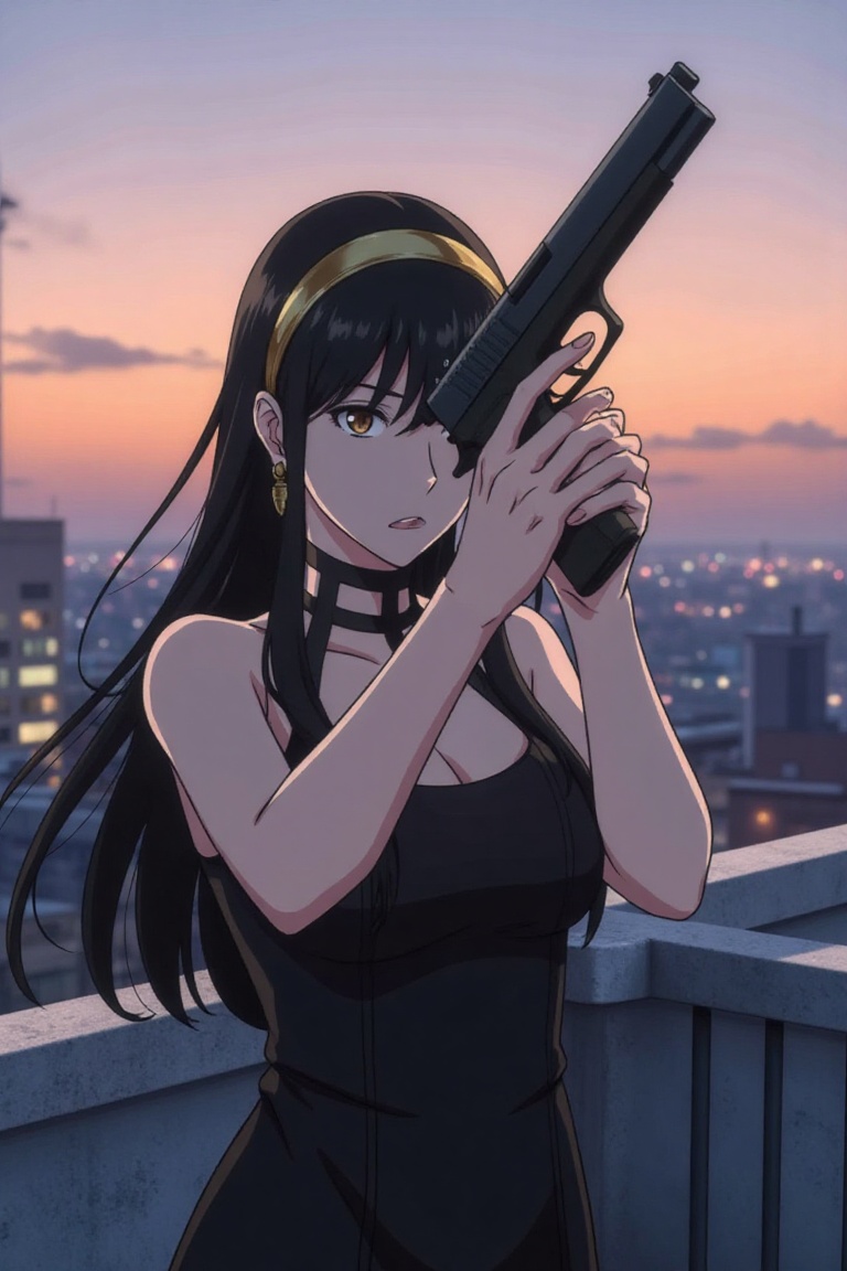 Close up of Yor Forger,  spy x family standing on a rooftop,  holding gun on Tensor.Art