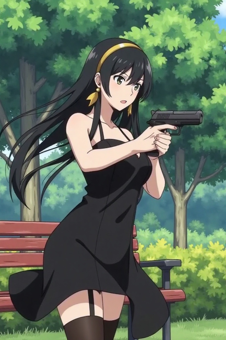 Yor Forger,  spy x family standing in a garden,  holding gun on Tensor.Art