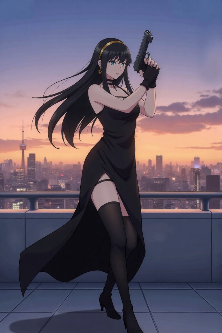 Yor Forger,  spy x family standing on a rooftop,  holding gun on Tensor.Art