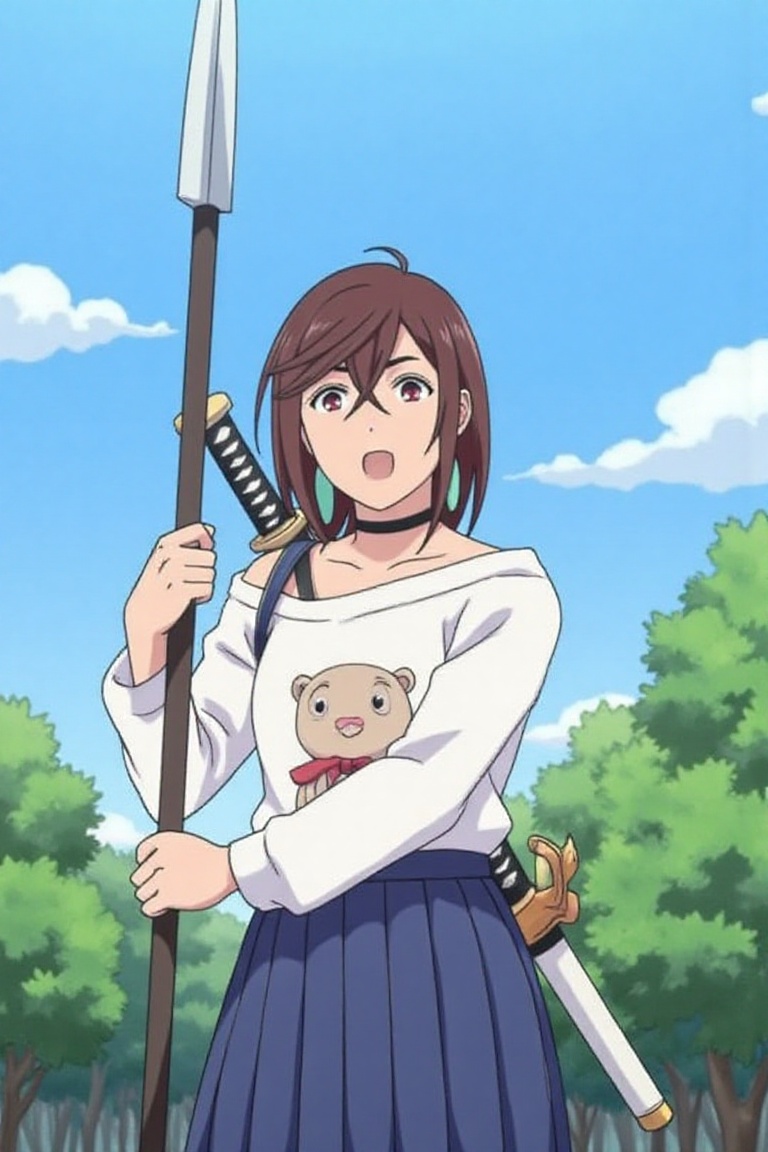 ayase momo standing in forest,  holding a long spear,  white shirt with cute animal drawing on Tensor.Art