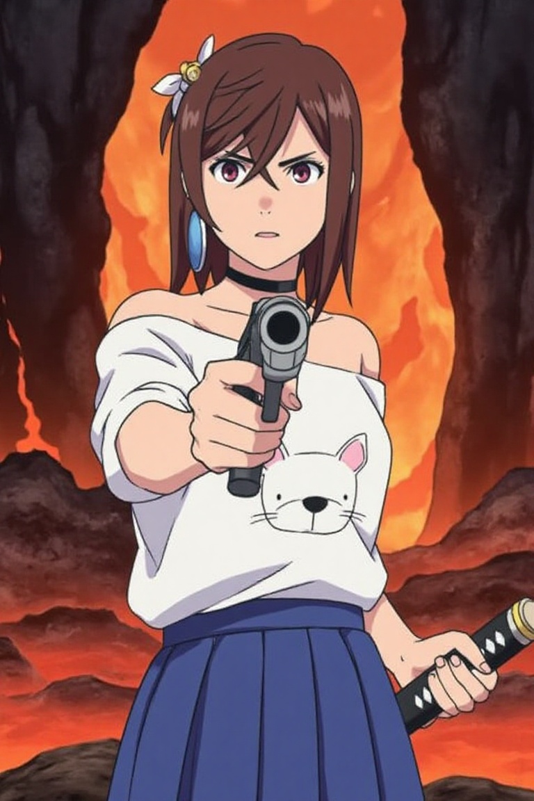 ayase momo standing in lava cave,  flowing lava,  holding gun on Tensor.Art