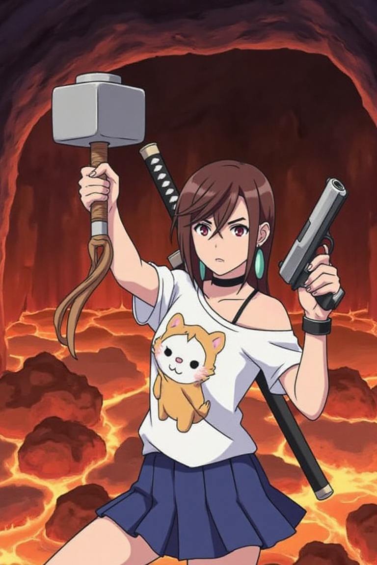 ayase momo standing in lava cave,  flowing lava,  holding Mjolnir \(Thor's hammer\) on Tensor.Art