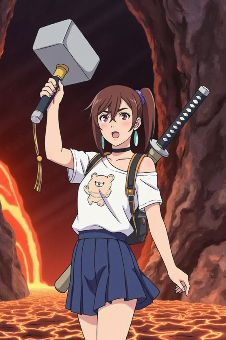ayase momo standing in lava cave,  flowing lava,  holding Mjolnir \(Thor's hammer\) on Tensor.Art
