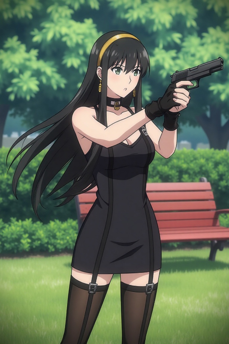 Yor Forger,  spy x family standing in a garden,  holding gun on Tensor.Art