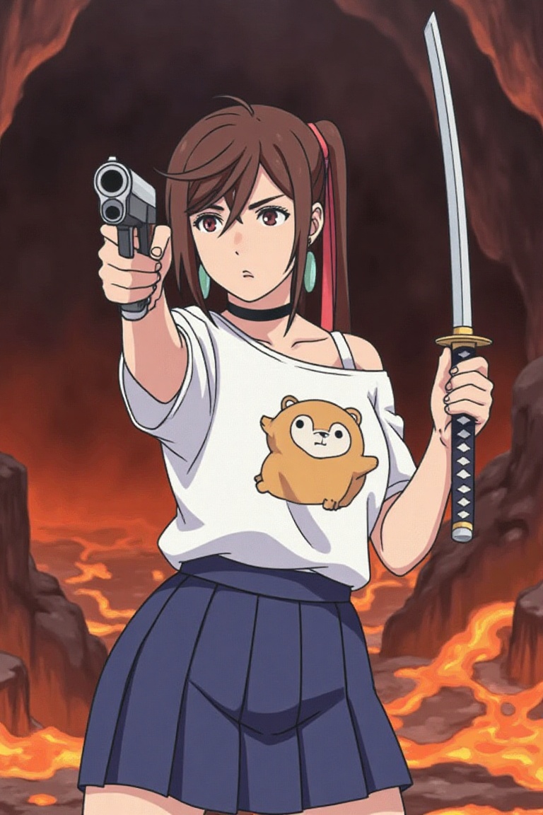 ayase momo standing in lava cave,  flowing lava,  holding gun on Tensor.Art