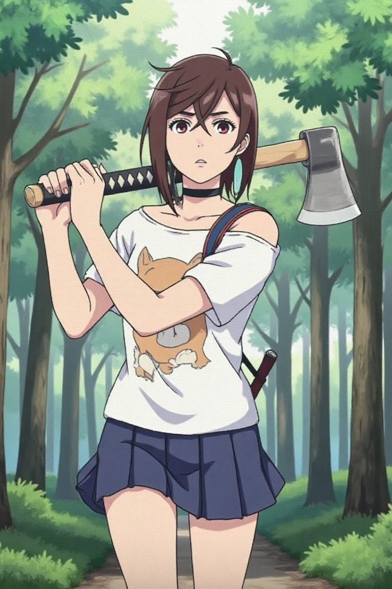 ayase momo standing in forest,  holding an axe,  white shirt with cute animal drawing on Tensor.Art