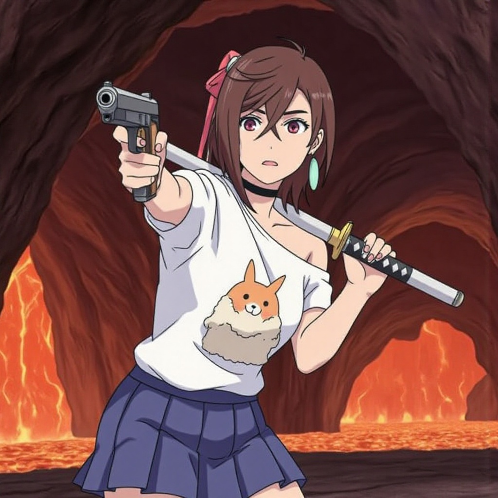 ayase momo standing in lava cave,  flowing lava,  holding gun on Tensor.Art