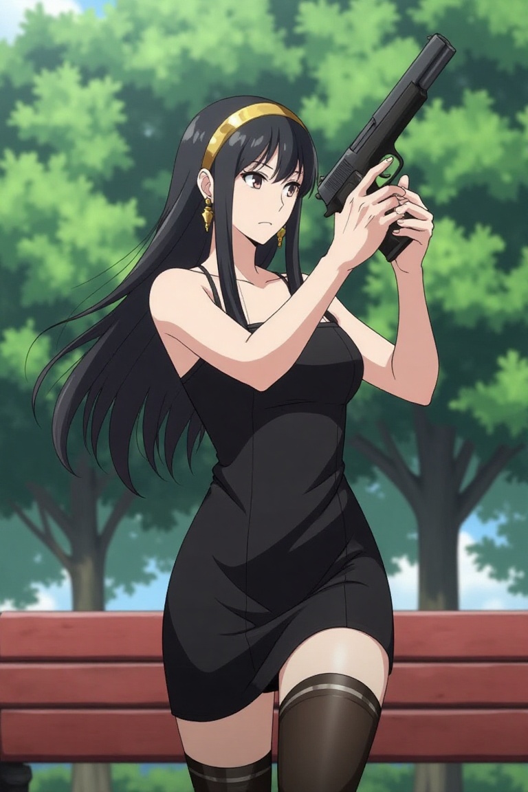 Yor Forger,  spy x family standing in a garden,  holding gun on Tensor.Art