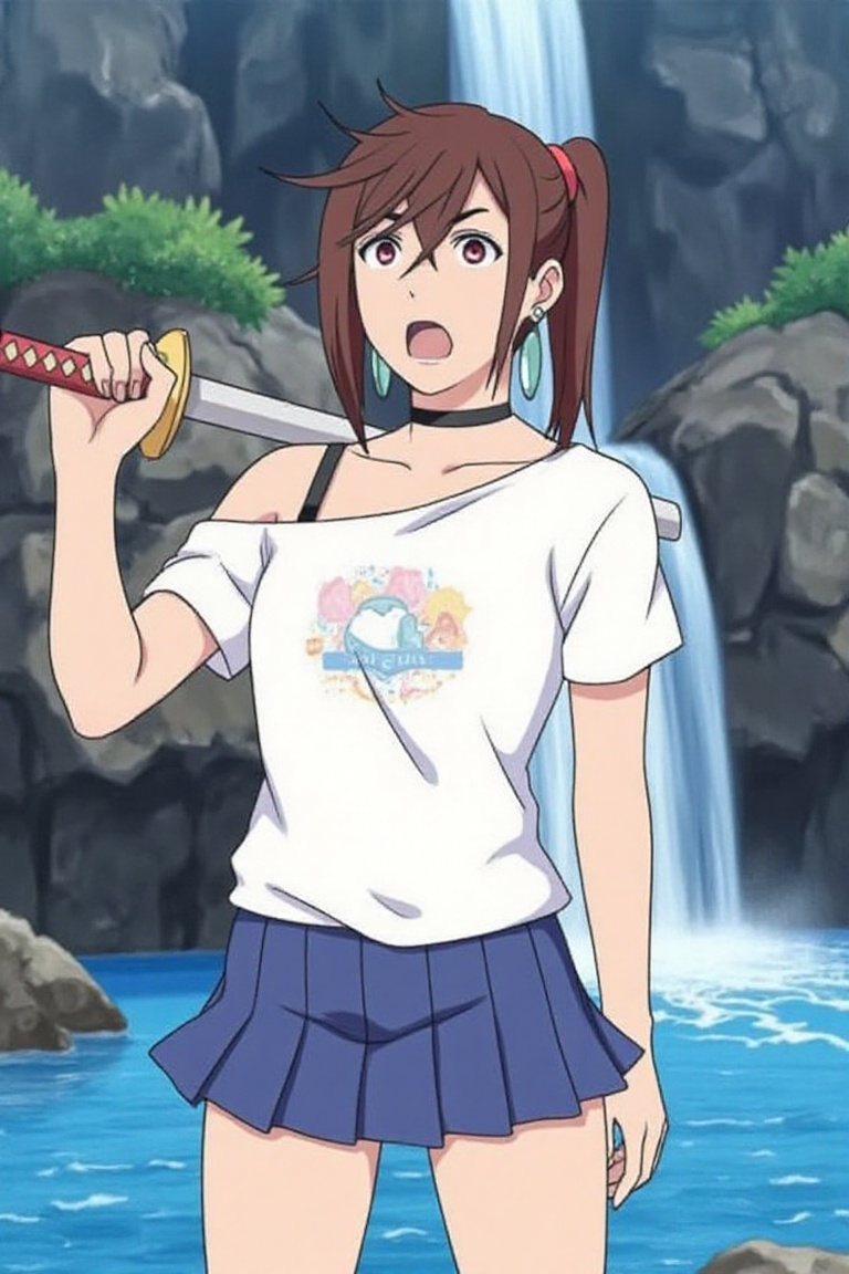 ayase momo standing in a cave,  holding sword,  one-handed grip on Tensor.Art