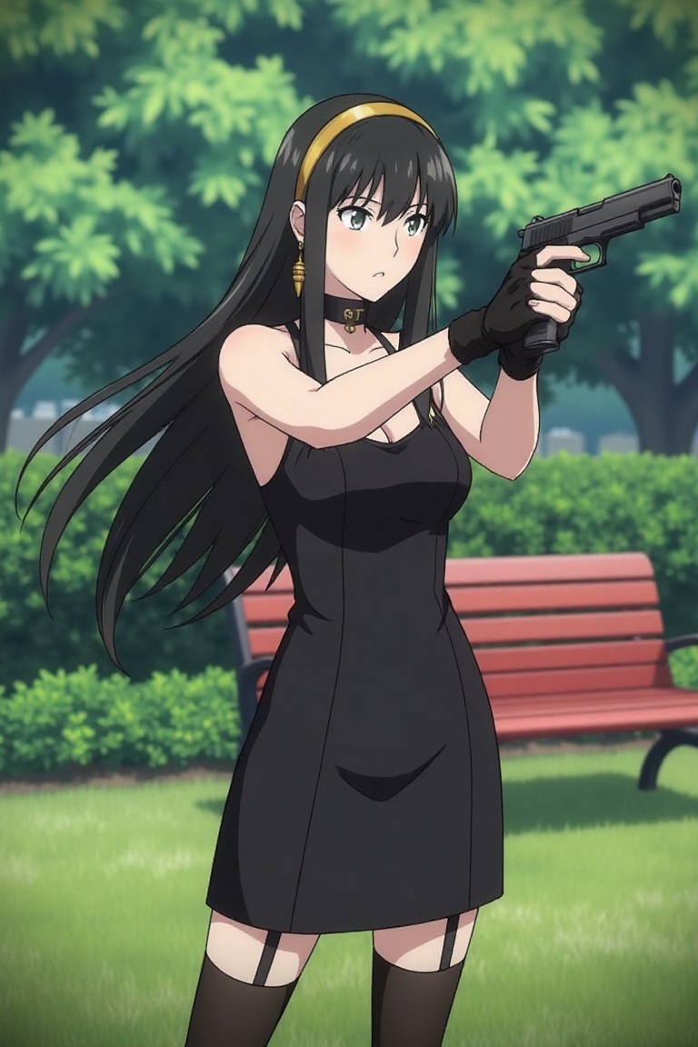 Yor Forger,  spy x family standing in a garden,  holding gun on Tensor.Art