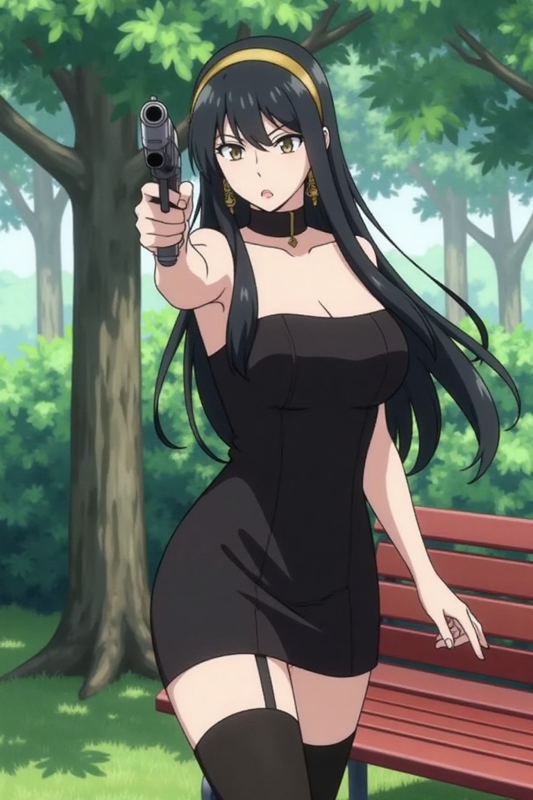 Yor Forger,  spy x family standing in a garden,  holding gun on Tensor.Art