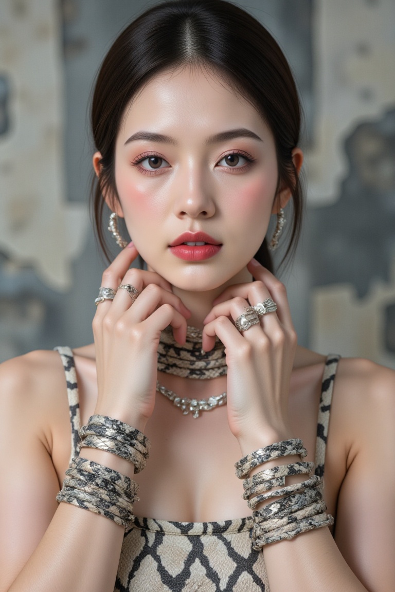 A surrealistic,  ultra-detailed close-up of a beautiful woman with white eyes. Her elegant fashion features stylish snake-...